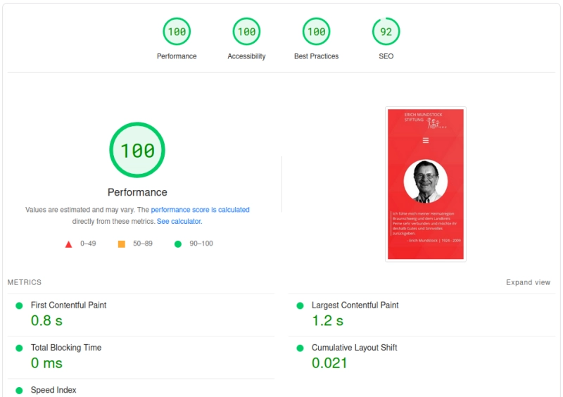 Result of the Pagespeed benchmark result showing full score in all categories except for 92 out of 100 in SEO as the site is blocked from search engine indexing on purose.