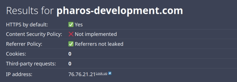 Result of the webbkoll privacy and security benchmark showing perfect score in all categories except for the Content Security Policy which is currently in the making.