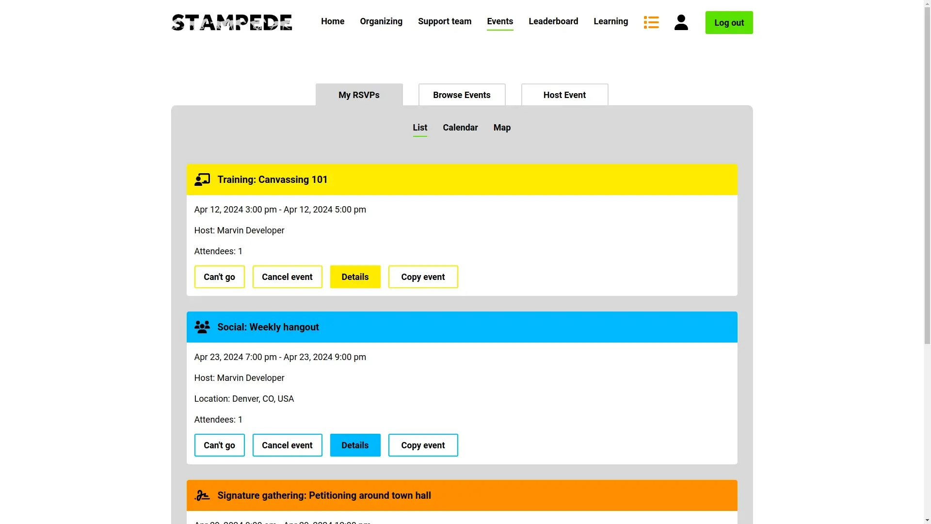 Screenshot of the events page showing color-coded events in list, calendar, and map view.