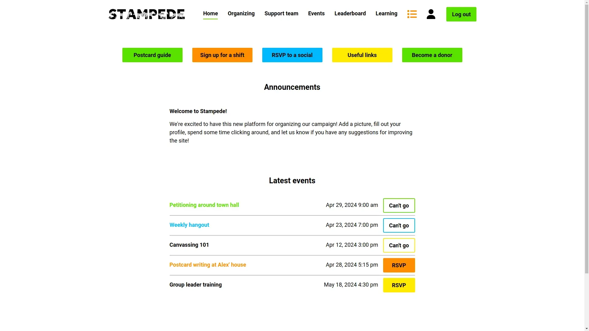 Screenshot of the home page showing quick access buttons, announcements, and recent events.