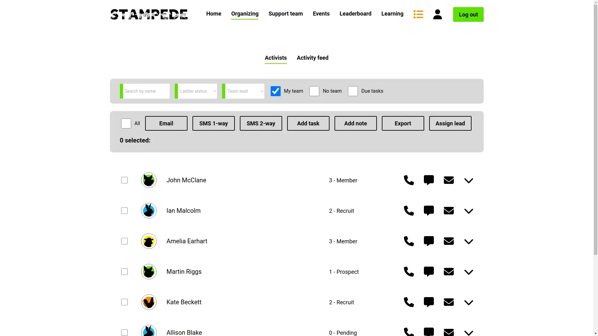 Screenshot of the organizer page showing a filterable list of members and team management functions.